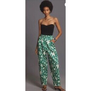 Anthropologie Corey Lynn Calter Pants Paperbag Barrel Green Floral Boho Sz L NWT